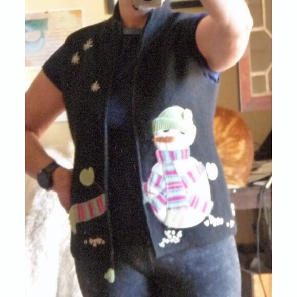 Coldwater Creek Boiled wool vintage zip up sweater vest snowman ugly Christmas M - Picture 2 of 5